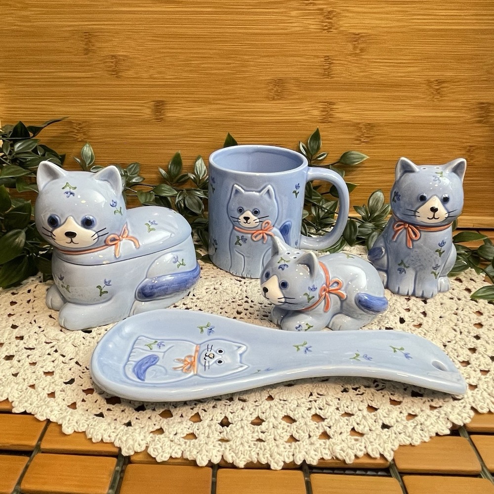 Vtg Otagiri Blue Cat Ceramic Kitchen Set 5pc Mug Shakers Spoon Rest Sugar Bowl